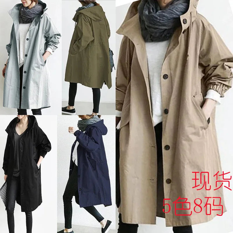 New Korean Version Y2K Trench Coats Women Casual Style Solid Loose Long Hooded Coat 2024 Spring Autumn Elegant Outwear Female