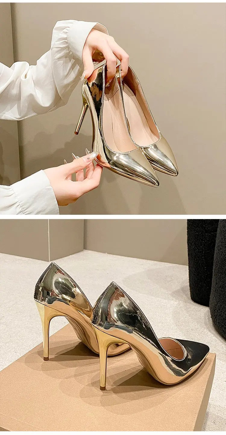 Soft Leather Sliver Gold High Heels 8/10cm Shoe Fashion Women Pumps Pointed Toe Slip-on Office Woman Wedding Shoes Large Size 43