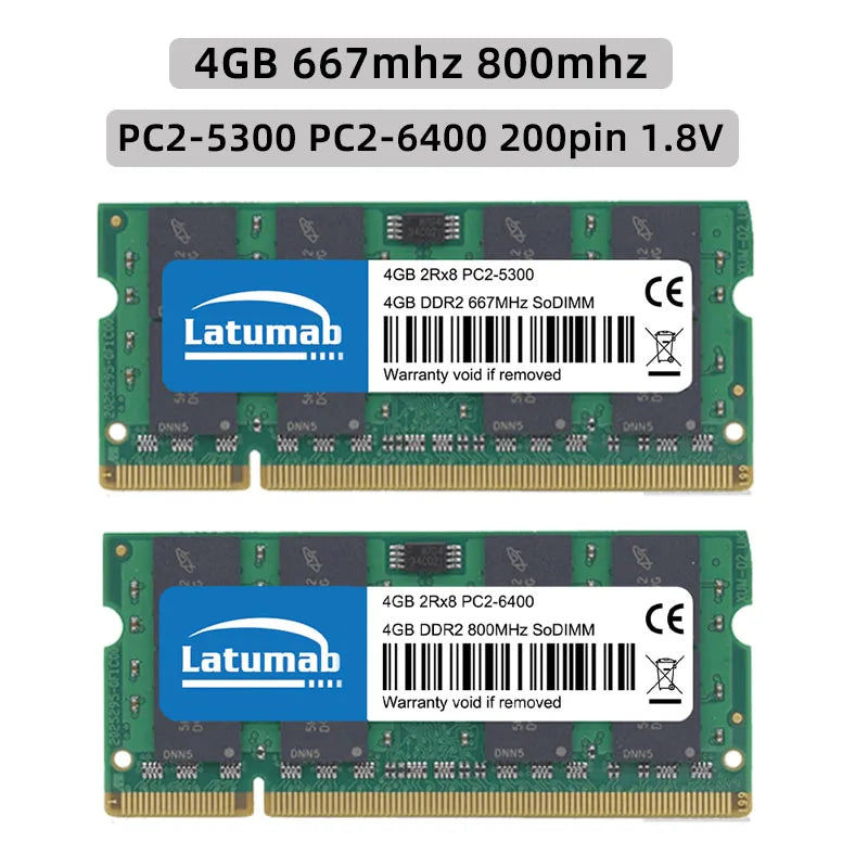 Latumab Memoria RAM DDR2 4GB 8GB 800MHz 667MHz Laptop SODIMM Memory PC2-5300 6400 RAM 200Pin 1.8V Notebook Memory Dual Channel