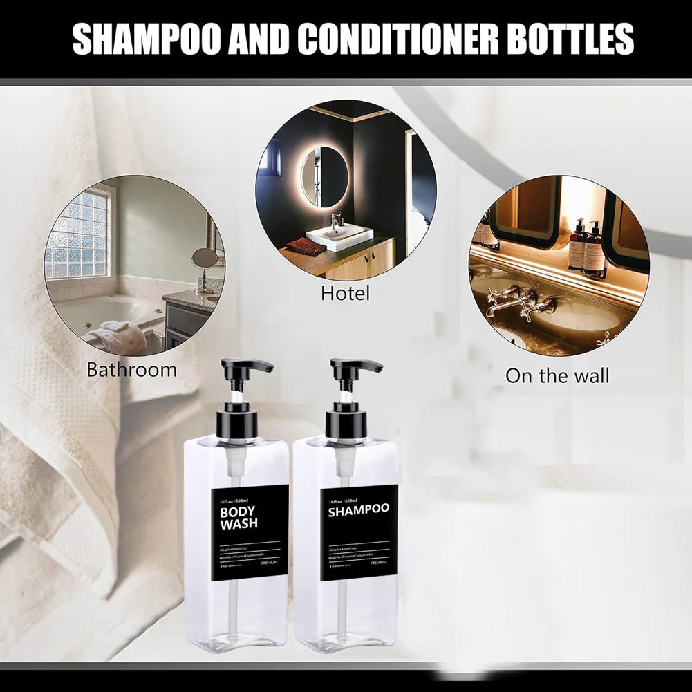 2x 500ml Refillable Square Soap Dispenser Bathroom Kitchen Liquid Storage Bottle Hand Dish Shampoo Container With Label Stickers