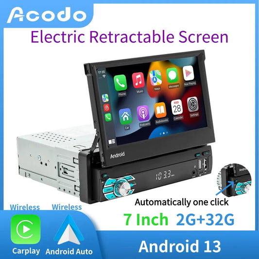 ACODO 1 Din 7" Electric Retractable Screen Android 13 Carplay Car Radio GPS Navigation Multimedia Player Audio Video Head Unit