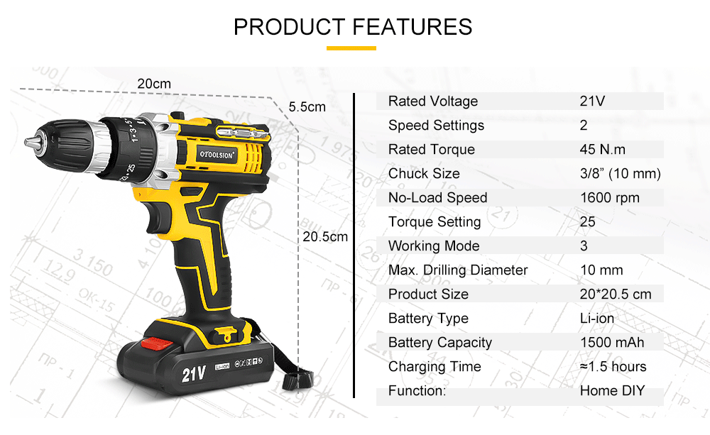 OTOOLSION New 21V Impact Cordless Drill Electric Screwdriver Rechargeable Battery Wireless Hand Drill Power Tools For DIY Home