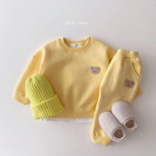 Baby Bear Embroidery Fleece Pullover Set Sweatshirt Tops+Harem Jogger Pants Suits 2pcs Girls Boys Lined Clothes