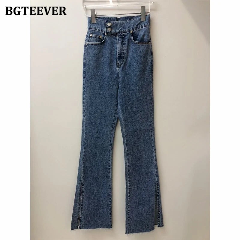 1-Fashion Women Double Button Flare Jeans