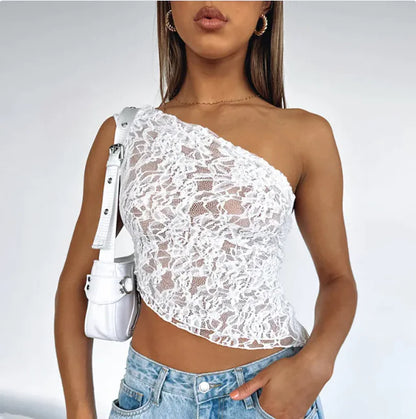 Fairy Lace Cami Top – Sexy One-Shoulder Mesh Crop Tank