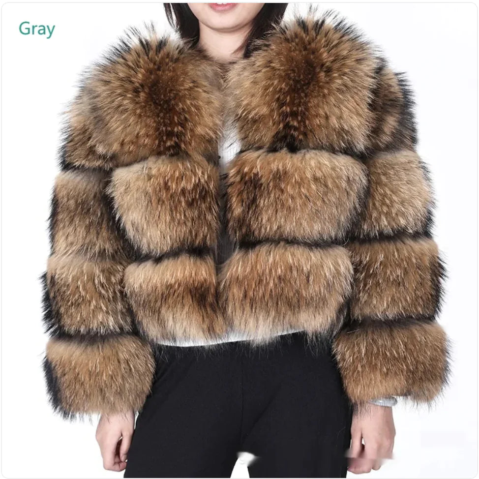 Warm Raccoon Fur Leather Coat for Women