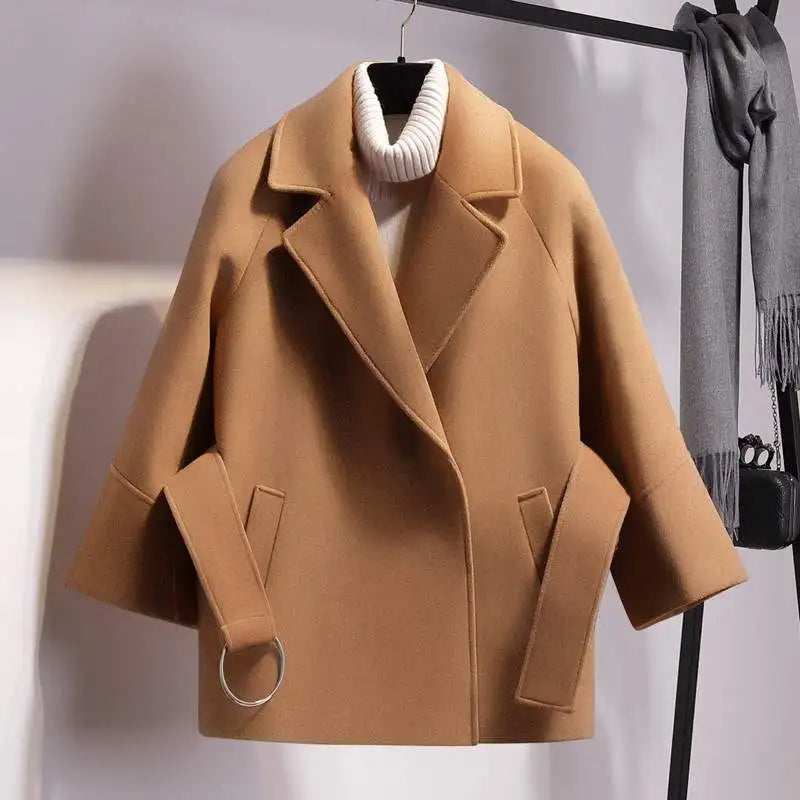 Women Short Woolen Coat Belt Jacket