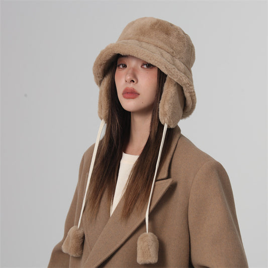 Plush Women's Autumn And Winter Warm-keeping And Cold-proof Fleece Lined Removable Earmuffs Hat Casual Face