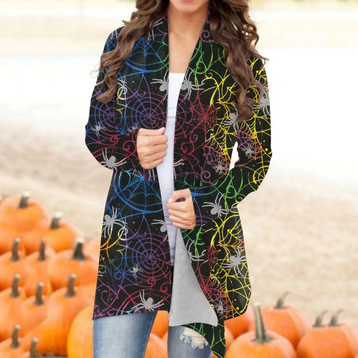 Pumpkin Ghost Print Women Cardigan Halloween Long Sleeve Front Open Blouse Autumn Elegant Casual Jackets Plus Size Long Coats