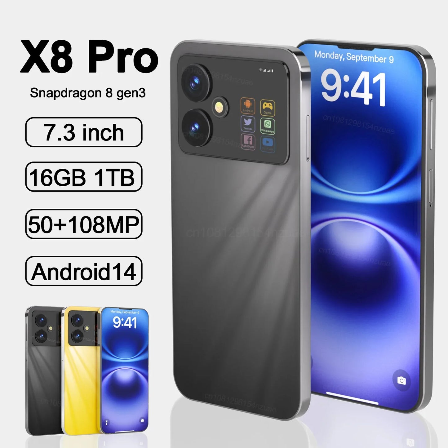 1-Original X8 Pro Smartphone 7.3inch Global Version 16G+1TB Snapdragon 8 gen3 Android14 50+108MP 4G/5G Cellphone Mobile Phone NFC