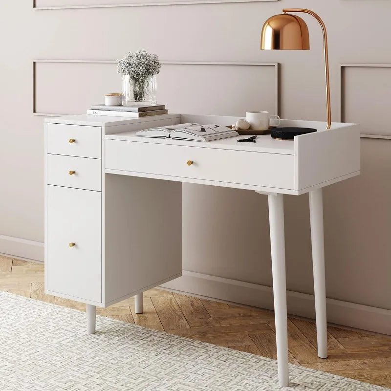 Daisy Vanity Dressing Table or Makeup Desk with 4-Drawers and Brass Accent Knobs, White Wood