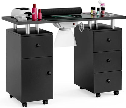 Manicure Table, Glass Top Nail Tech Desk Nail Table Station for Nail Tech w/Electric Downdraft Vent, Wrist Cushion,