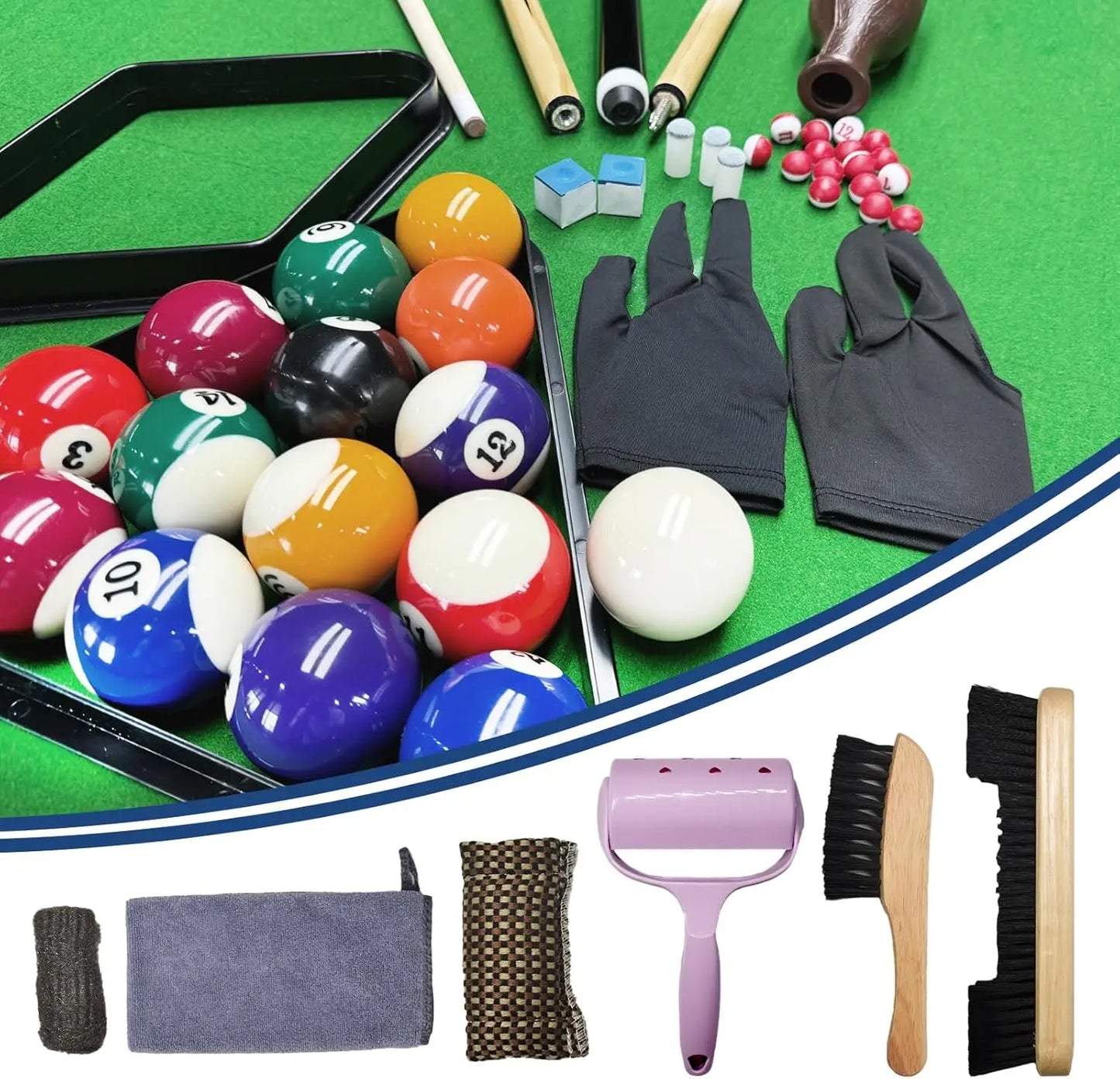 Pool Table Accessories Pool Set,Pool Balls Billiard Set with Triangle and diamond ball Rack,Pool Cue,Cue Chalk, Pool Cue Tip