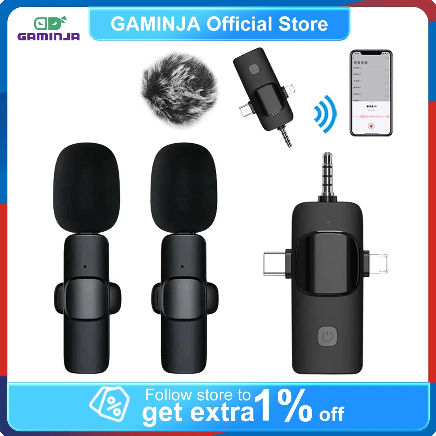 GAMINJA K1 3in1 Wireless Lavalier Microphone for iPhone Android Live Audio Video Recording Noise Reduction 3.5mm Plug&Play Mic