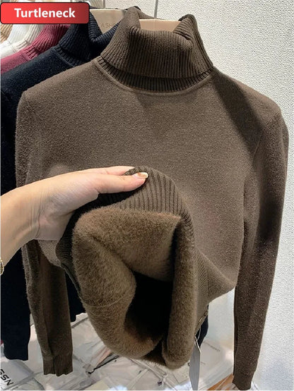 Sweater For Women Winter Thicken Turtleneck Slim Knit Pullover New Warm Plush Velvet Lined Knitwear Jumper Tops Casual Poleras