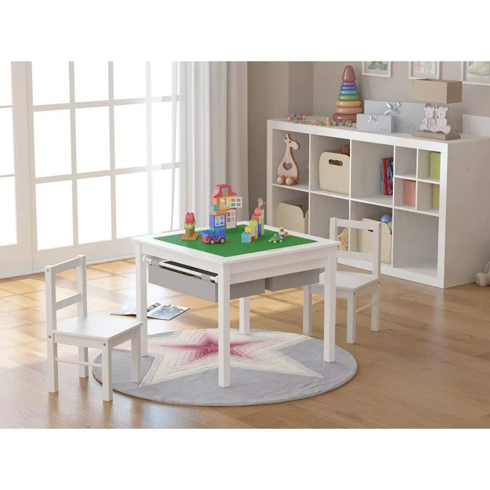 Wooden 2 in 1 Kids Construction Play Table and 2 Chairs Set with Storage Drawers, and Built in Plate Compatible