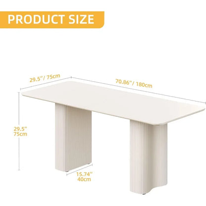 70.8 Inch Dining Table for 6-8 People Modern Rectangular Kitchen Table with Solid Wave Curved Legs Large Cream White Dinner