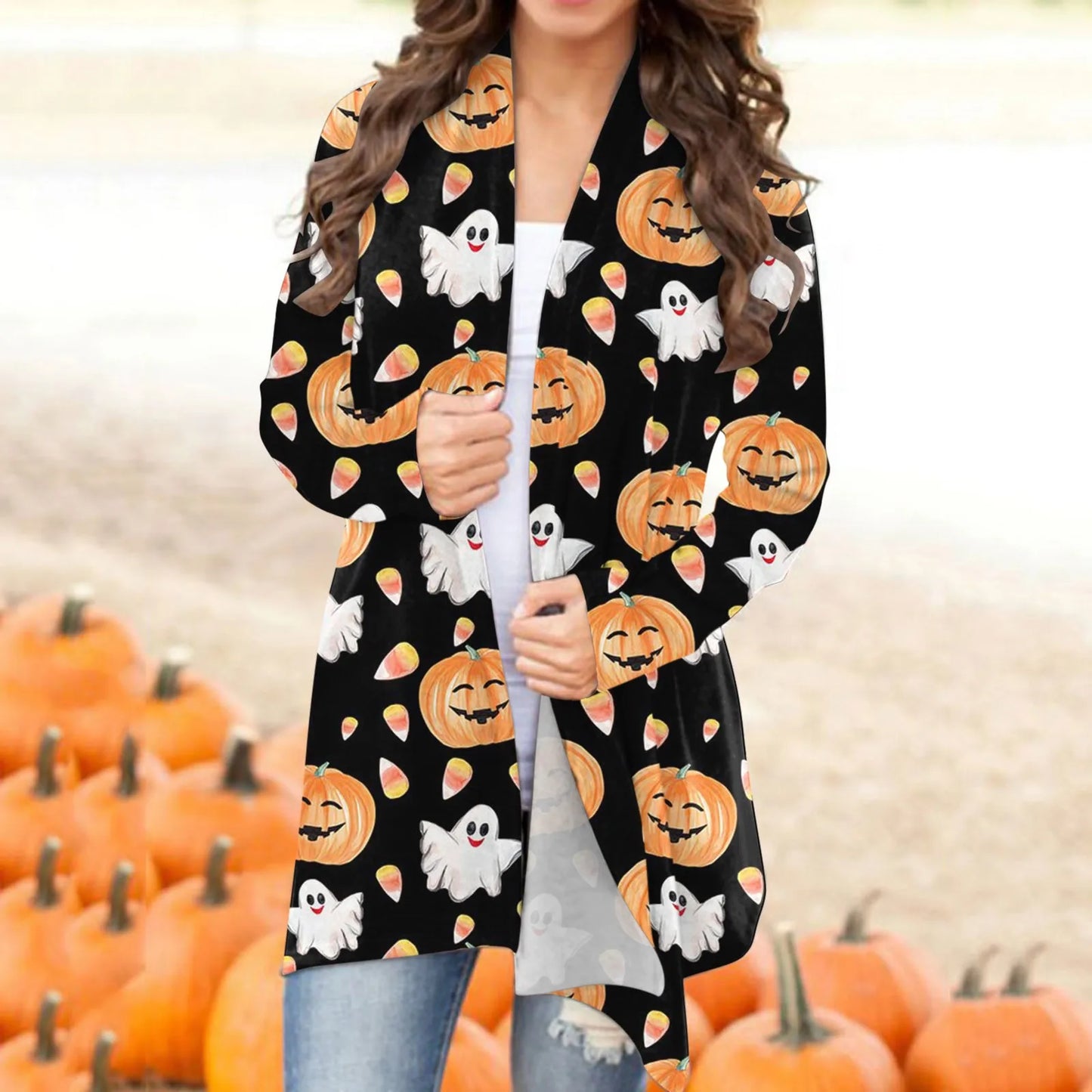 Pumpkin Ghost Print Women Cardigan Halloween Long Sleeve Front Open Blouse Autumn Elegant Casual Jackets Plus Size Long Coats