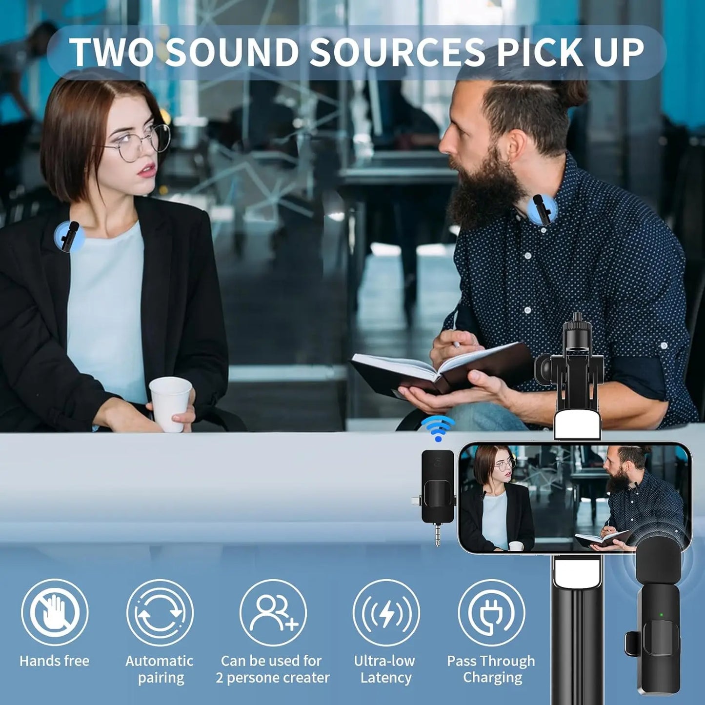 GAMINJA K1 3in1 Wireless Lavalier Microphone for iPhone Android Live Audio Video Recording Noise Reduction 3.5mm Plug&Play Mic