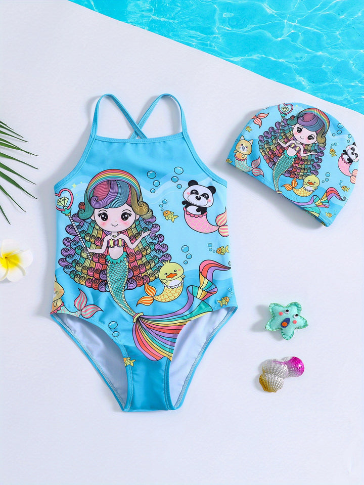 Costume da bagno intero con stampa sirena per bambine