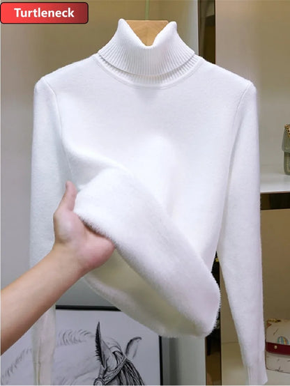 Sweater For Women Winter Thicken Turtleneck Slim Knit Pullover New Warm Plush Velvet Lined Knitwear Jumper Tops Casual Poleras