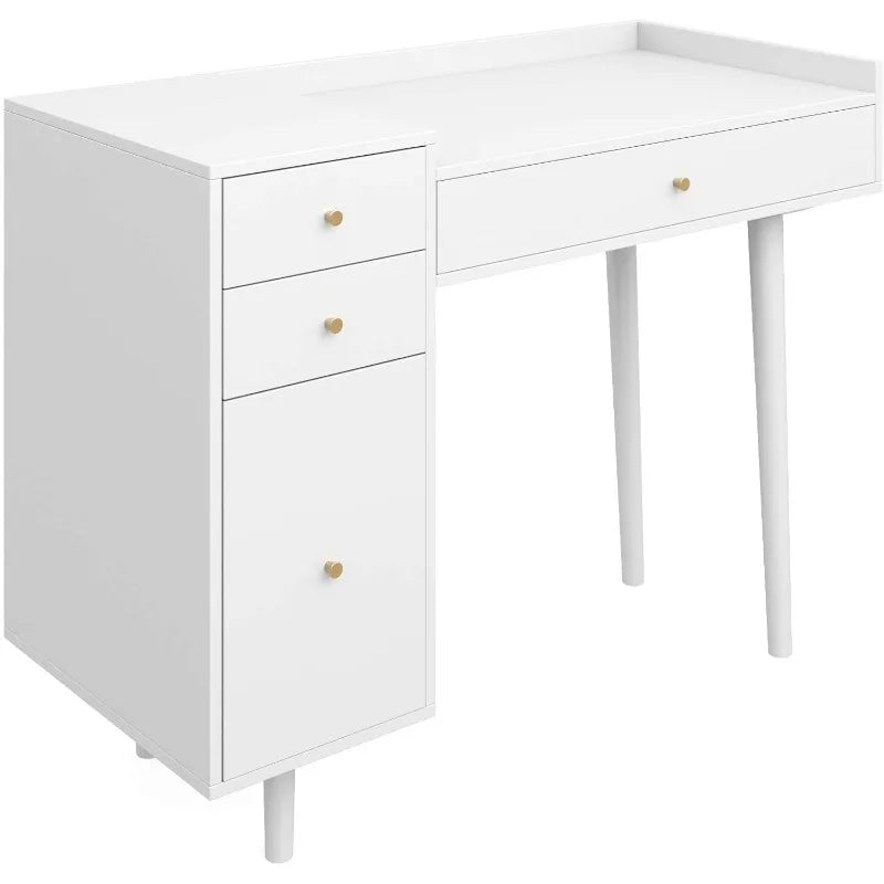 Daisy Vanity Dressing Table or Makeup Desk with 4-Drawers and Brass Accent Knobs, White Wood