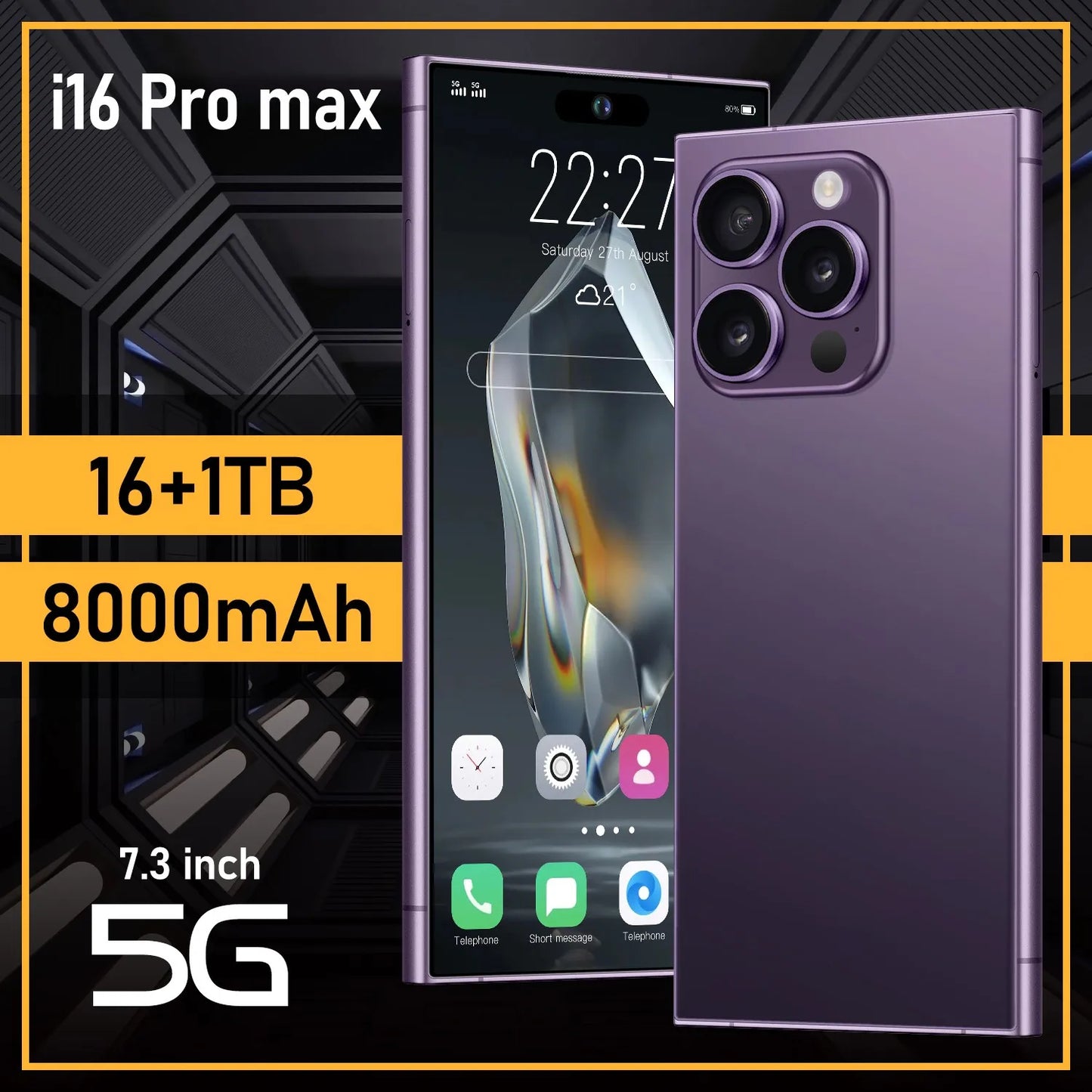 Mobile Phones I16 Pro Max Smartphone, 7.3 HD Screen, Original 5G, Dual Sim, Android, Unlocked Cell Phone, Global Version