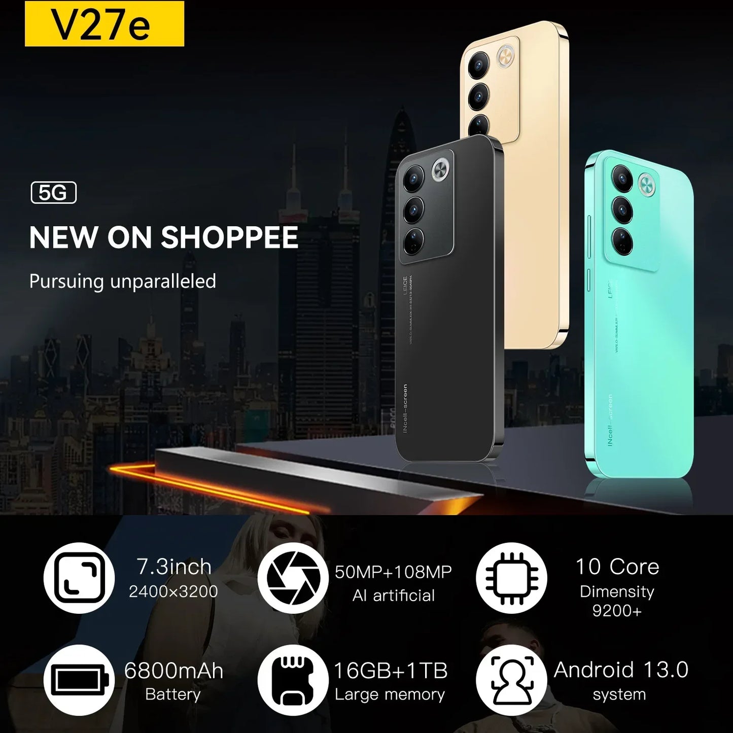 New V27e Smartphone 7.3 Inch 2+16G HD Camera Android 5G Téléphones Portables Mobile Phones Smartphone Cheap Celulares Gamer