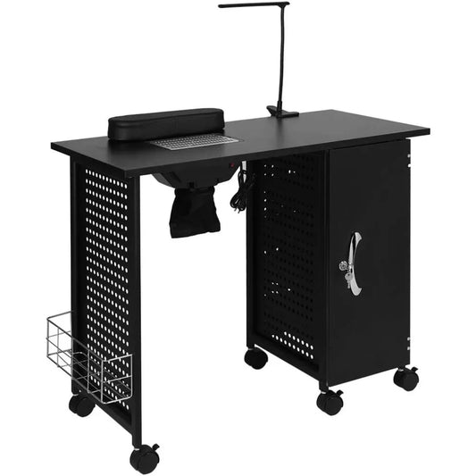 Manicure Table Nail Desk with Electric Downdraft Vent, Beauty Spa Salon Workstation Iron Frame with Lockable Cabinet 