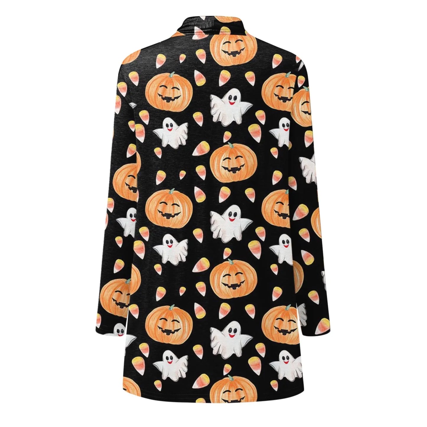 Pumpkin Ghost Print Women Cardigan Halloween Long Sleeve Front Open Blouse Autumn Elegant Casual Jackets Plus Size Long Coats