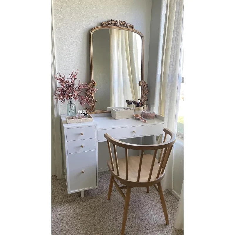 Daisy Vanity Dressing Table or Makeup Desk with 4-Drawers and Brass Accent Knobs, White Wood