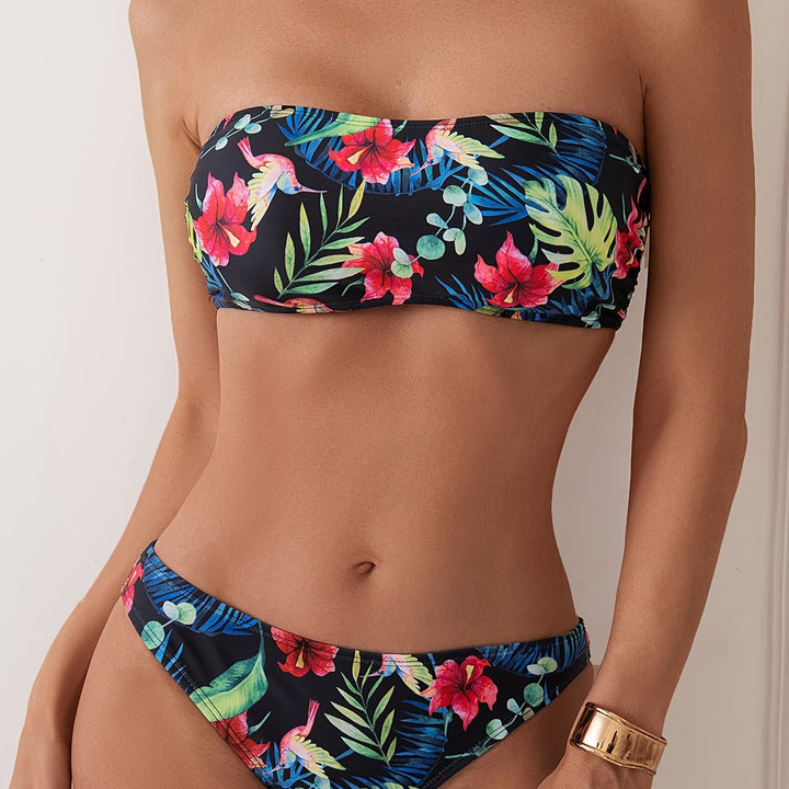 Bikini senza spalline con stampa floreale tropicale - 2 pezzi