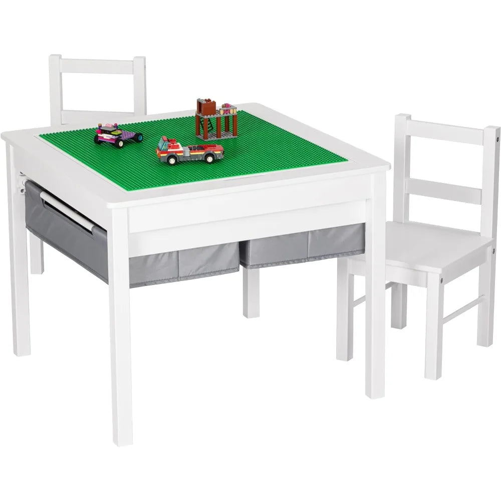 Wooden 2 in 1 Kids Construction Play Table and 2 Chairs Set with Storage Drawers, and Built in Plate Compatible