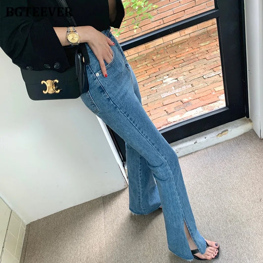 1-Fashion Women Double Button Flare Jeans