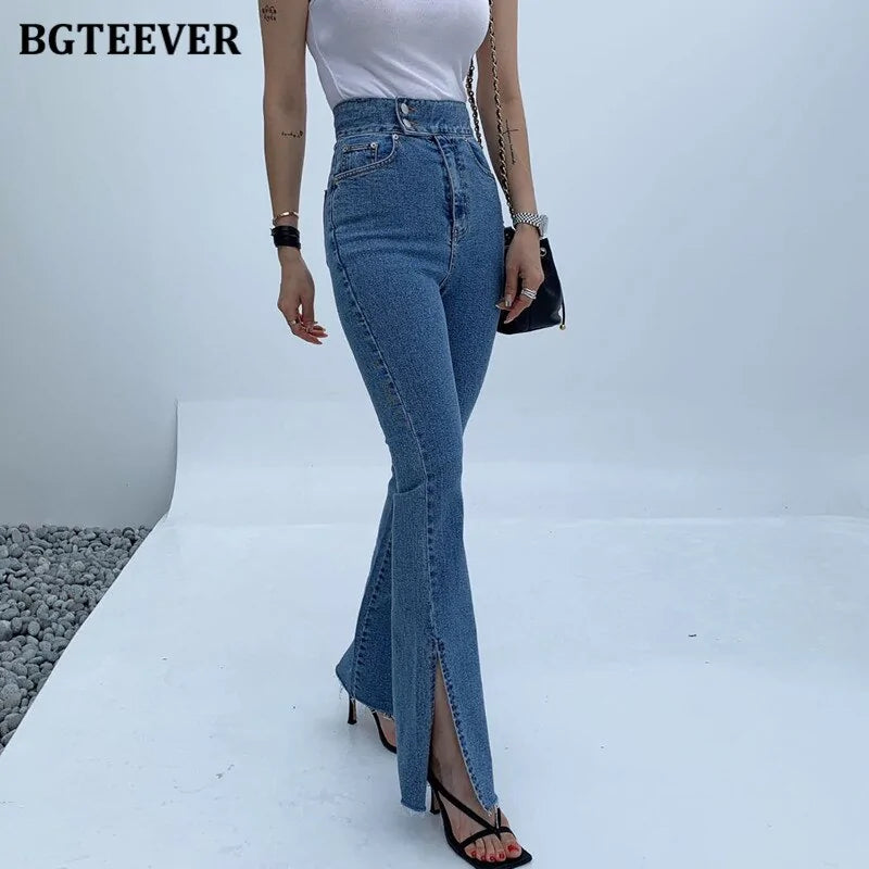 1-Fashion Women Double Button Flare Jeans