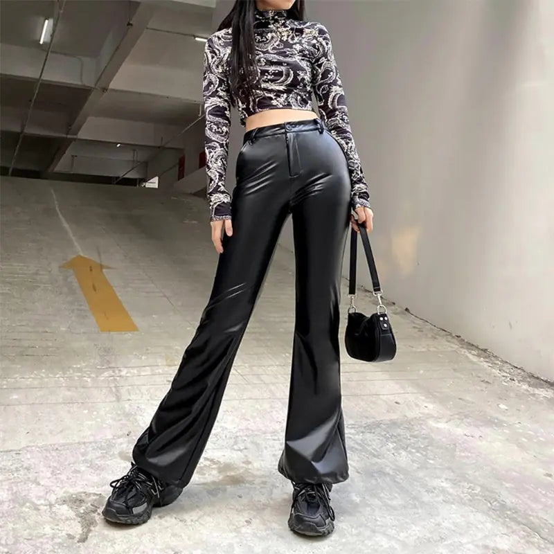 Women Vintage Shiny Black Faux Leather Pants