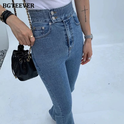 1-Fashion Women Double Button Flare Jeans