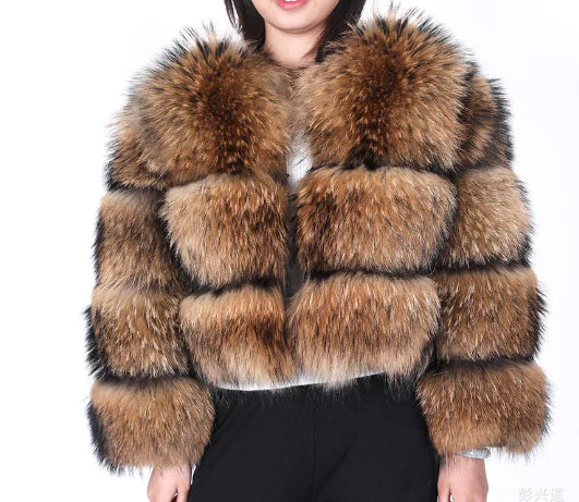 Warm Raccoon Fur Leather Coat for Women